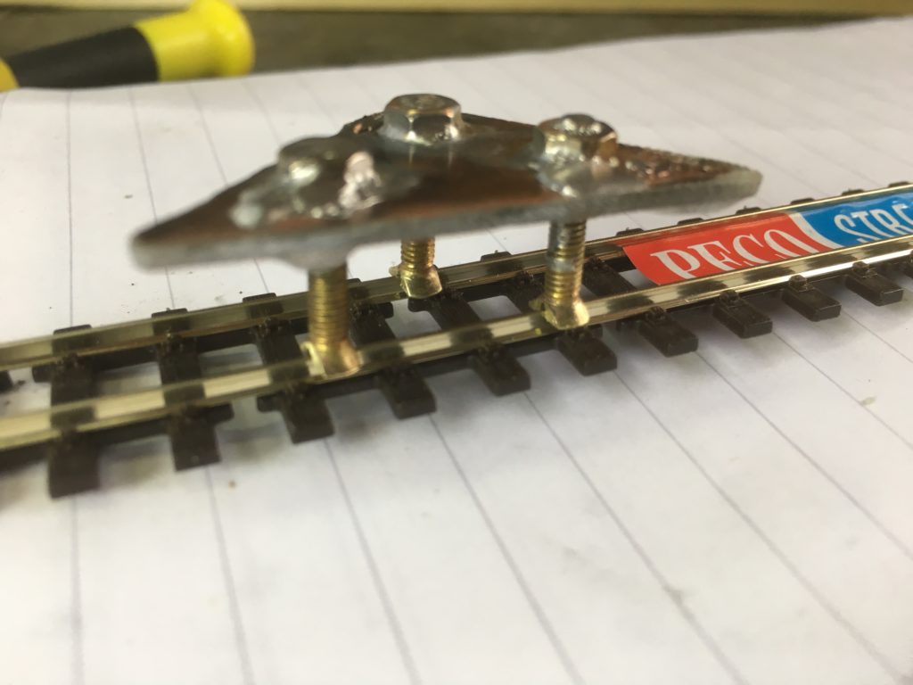 Home-made 3-point track gauge for Peco 009 Code 80 rail